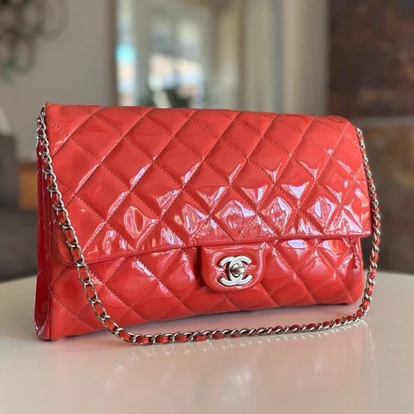 Chanel CC Quilted Patent Flap Clutch Chain Orange Silver Shoulder Bag Purse - Picture 3 of 16